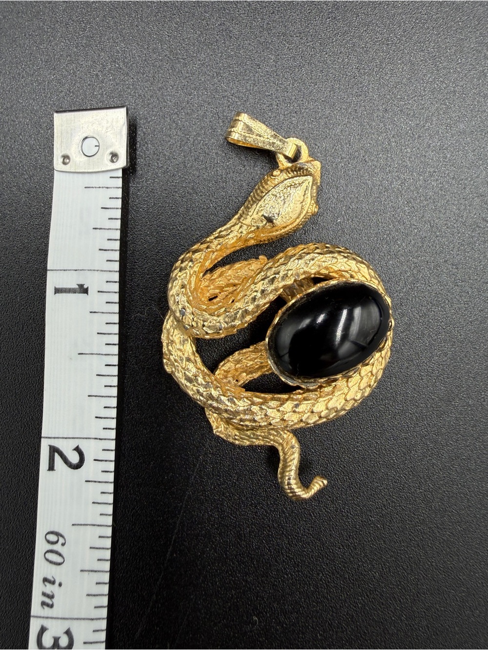 Vintage Gold Tone Coiled Snake Pendant w Black Cabochon - Picture 3 of 3